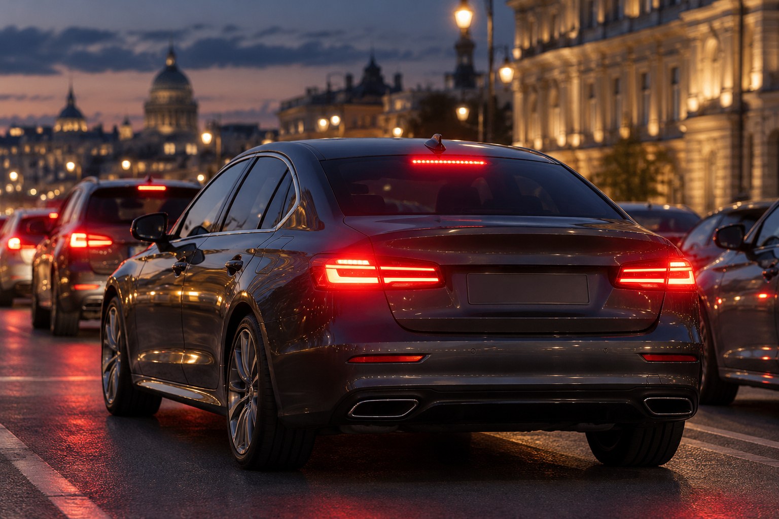 Illustrative vehicle with its third brake light illuminated; not a product demonstration