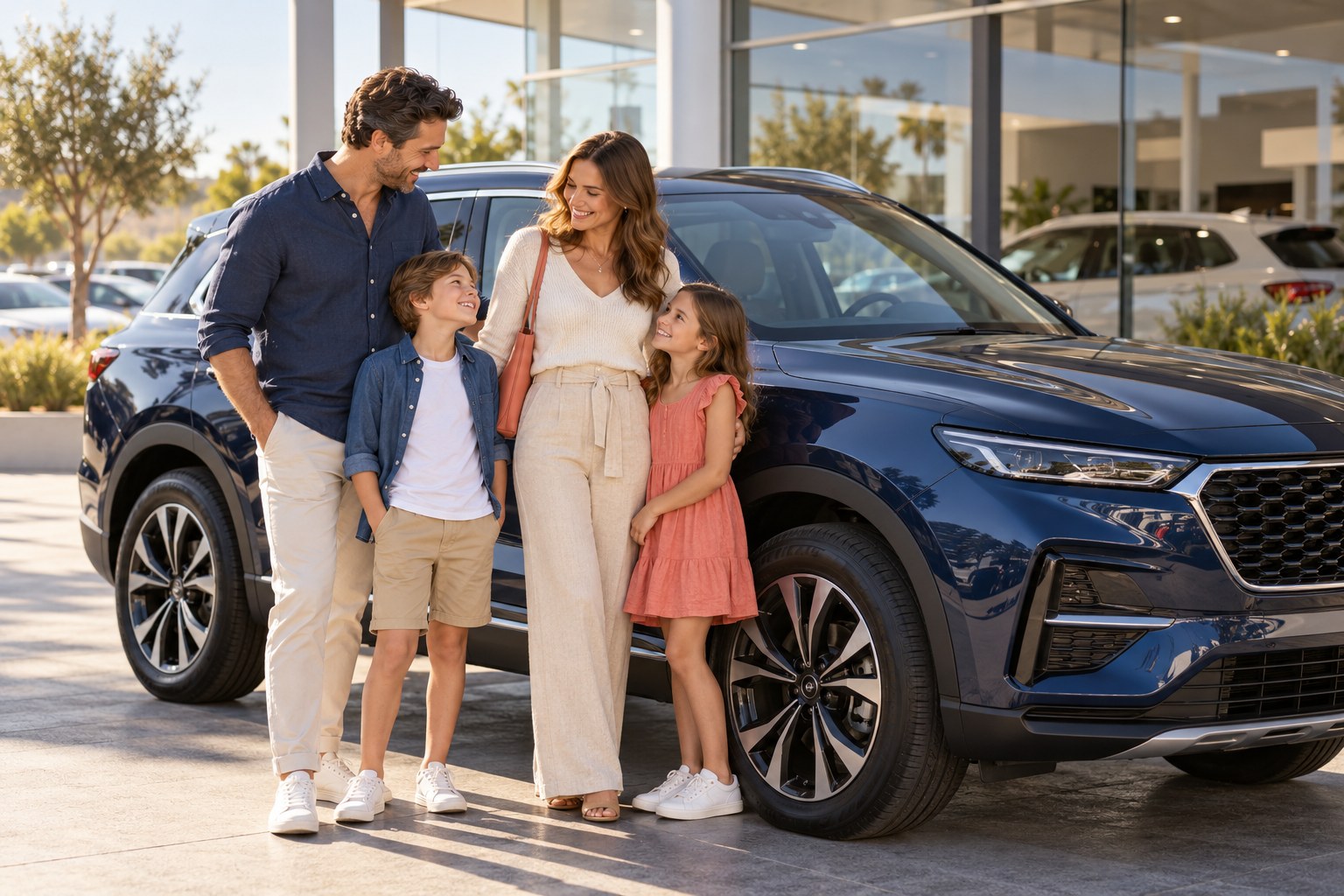 Illustrative family beside a dealership vehicle