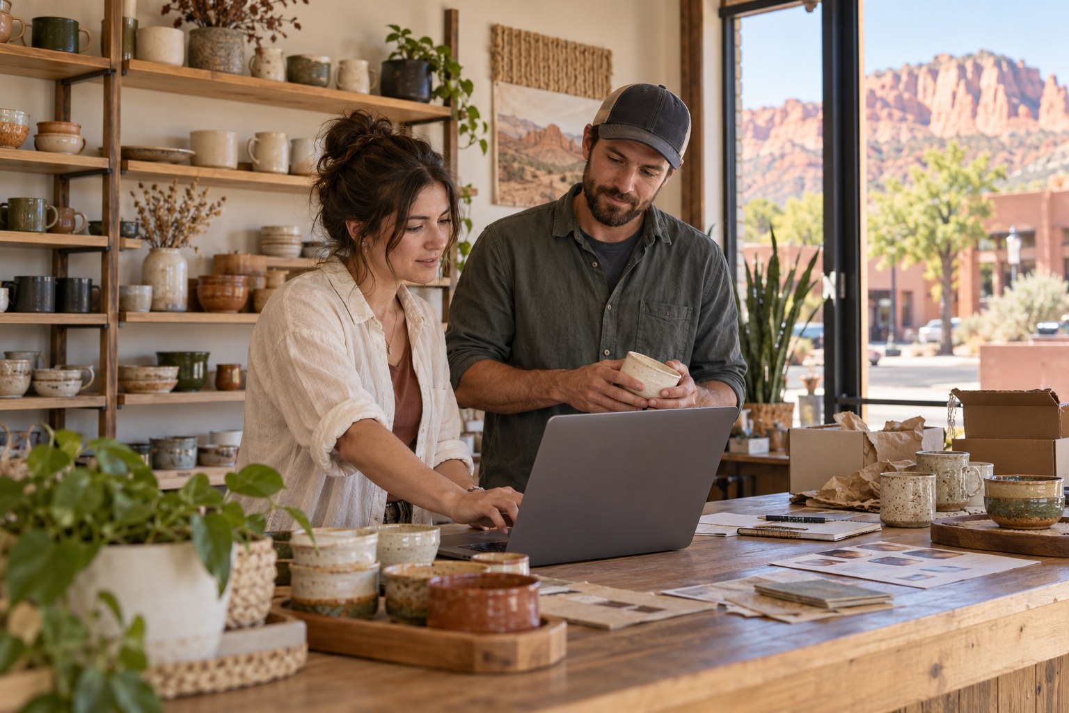 Illustrative small-business founders reviewing customer orders at a retail counter