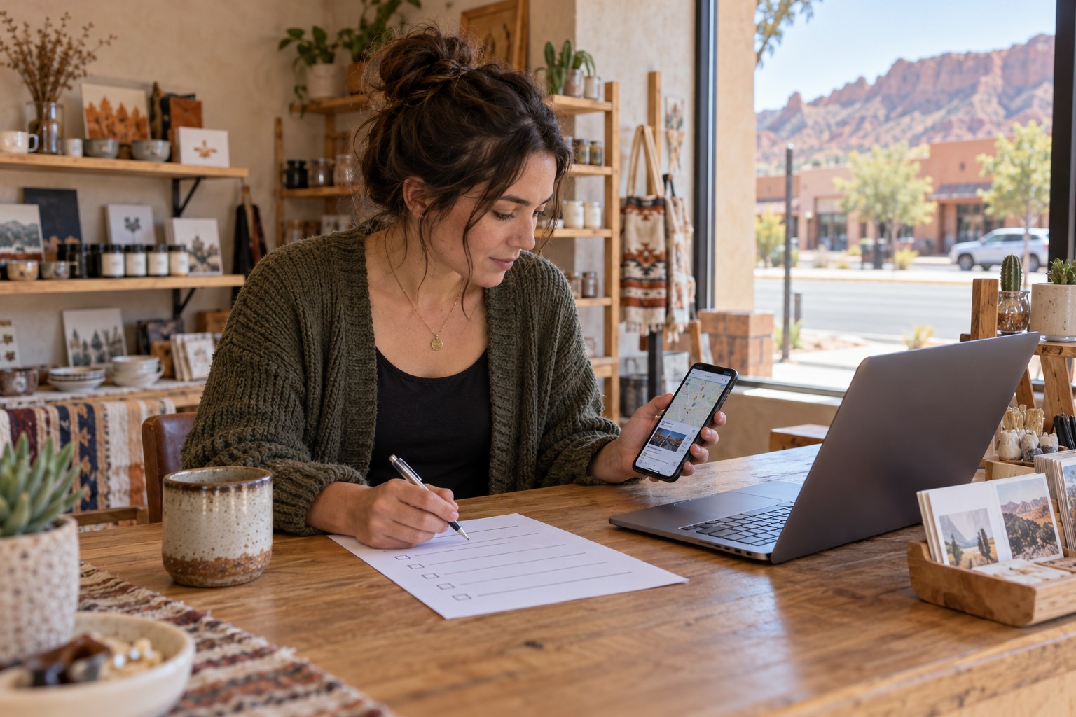 Illustrative founder reviewing a phone listing and customer information checklist