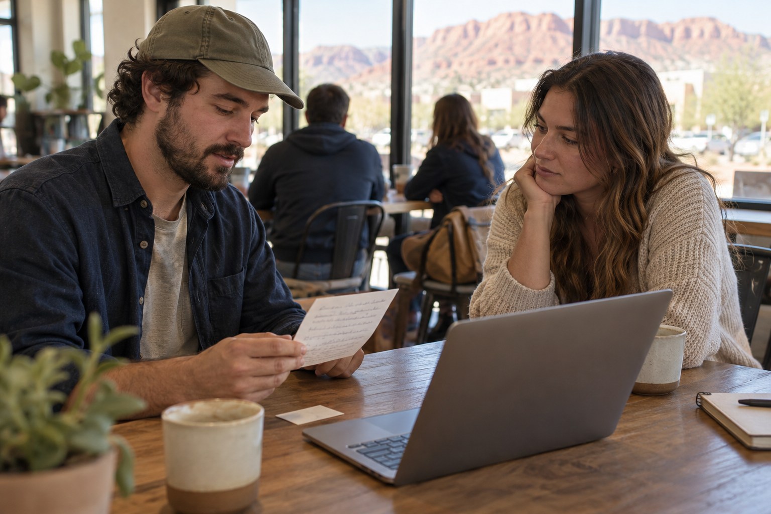 Illustrative small-business founders reviewing a follow-up note after a networking conversation