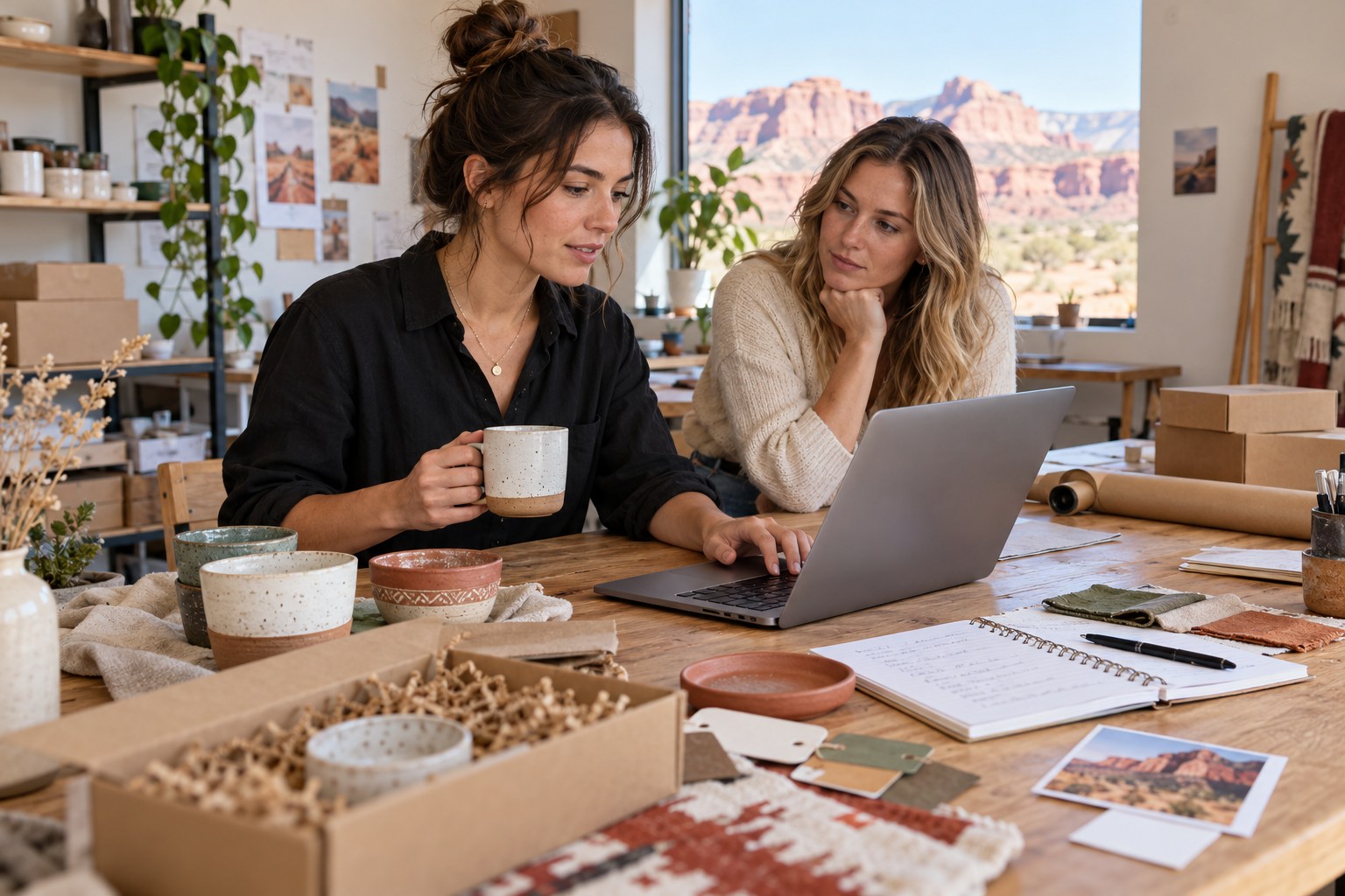 Illustrative small-business colleagues working on a customer inquiry page beside product samples