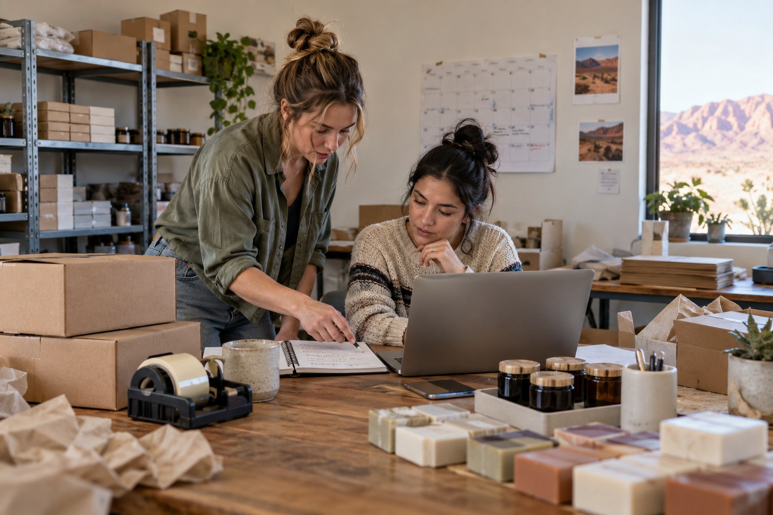 Illustrative small-business team checking order deadlines and fulfillment capacity