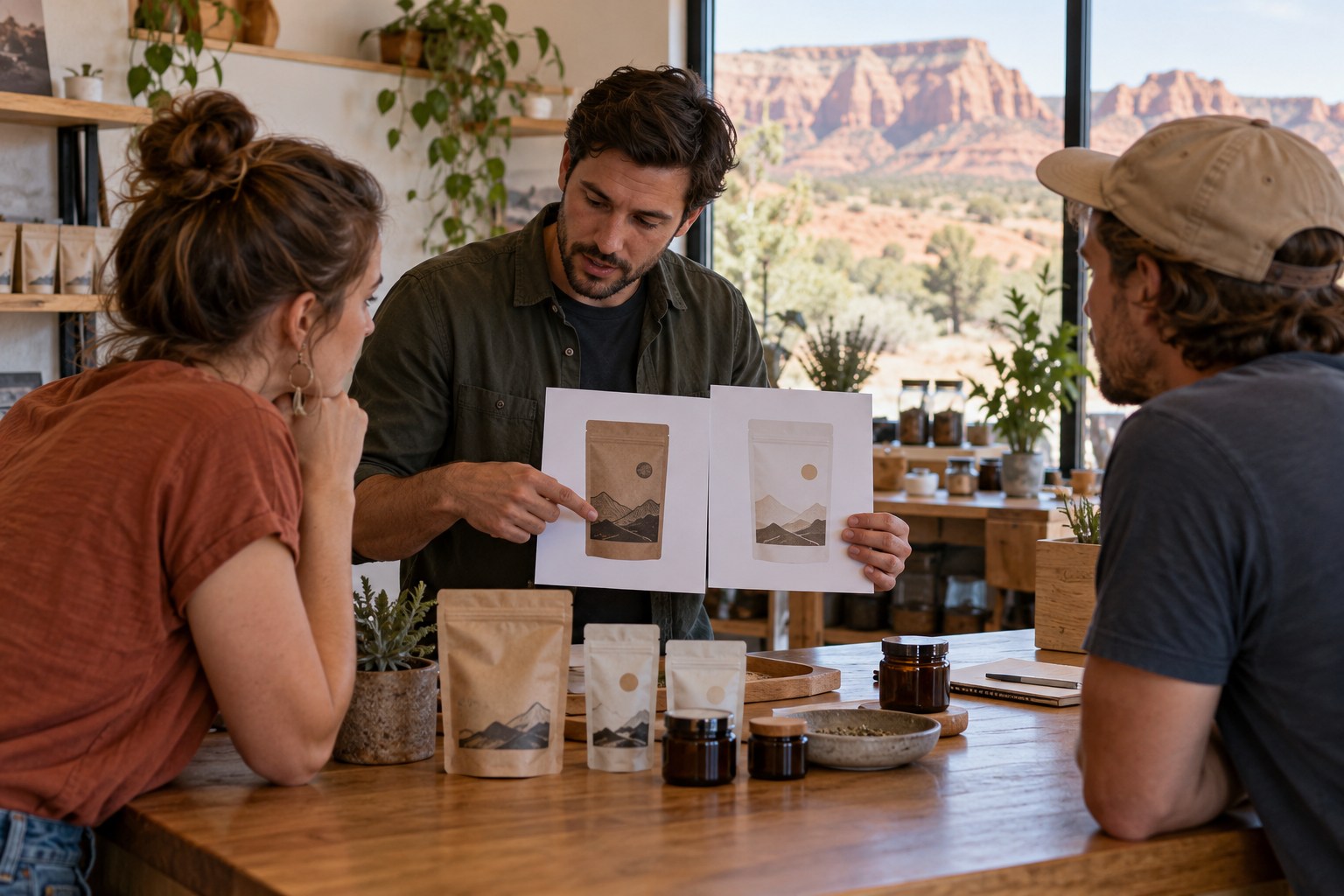 Illustrative startup colleagues explaining a product offer to a customer