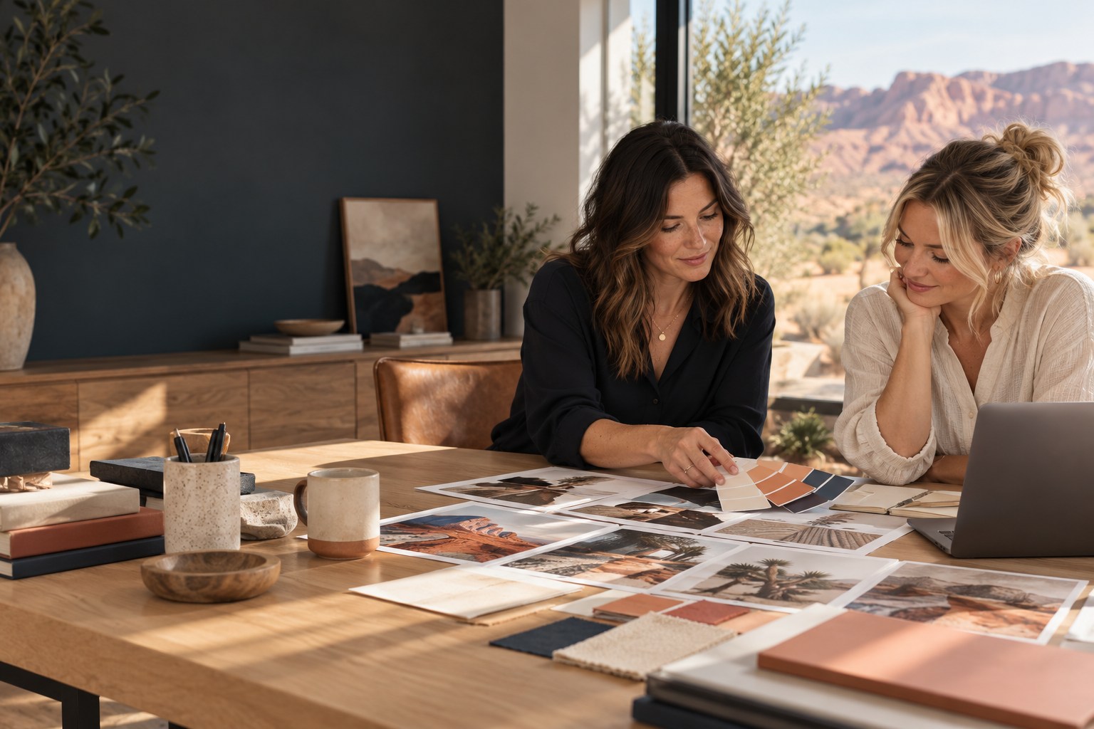 Illustrative creative business collaboration reviewing brand colors and campaign ideas